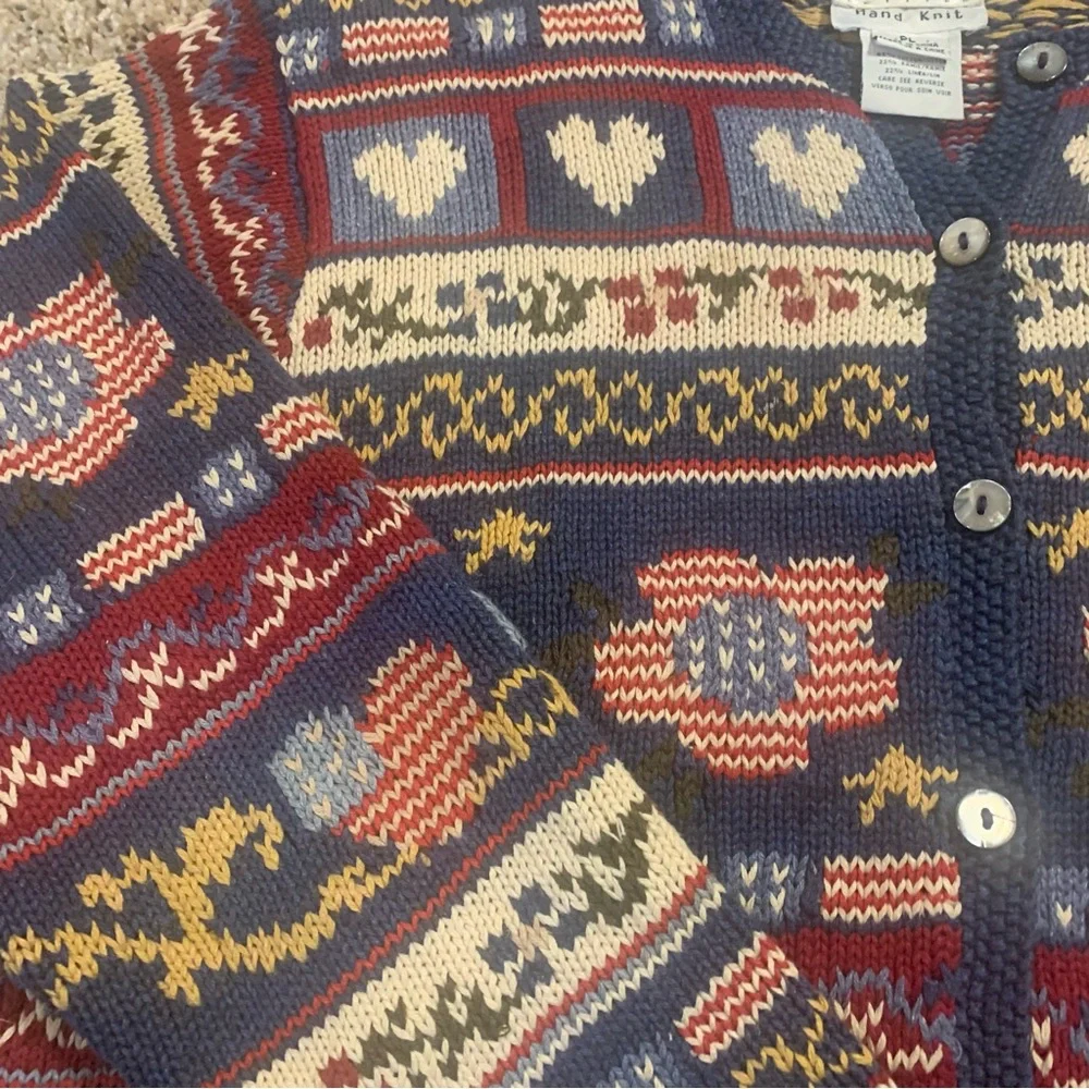 Talbots Americana Hearts Vintage 90s Linen Blend Hand Knit Cardigan Sweater - Picture 8 of 13